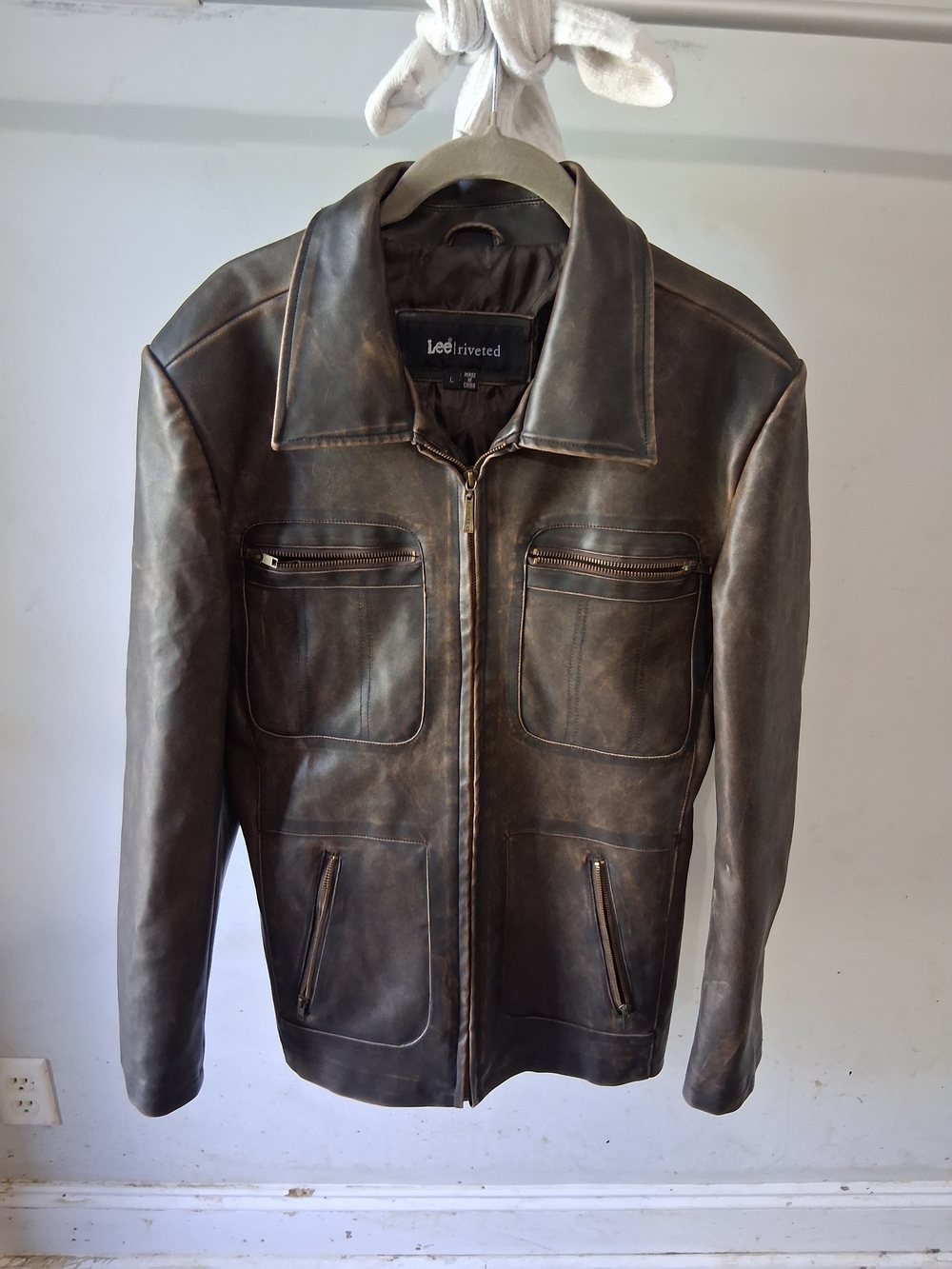 Lee Riveted Womens Distressed Brown Faux Leather Bomber Jacket